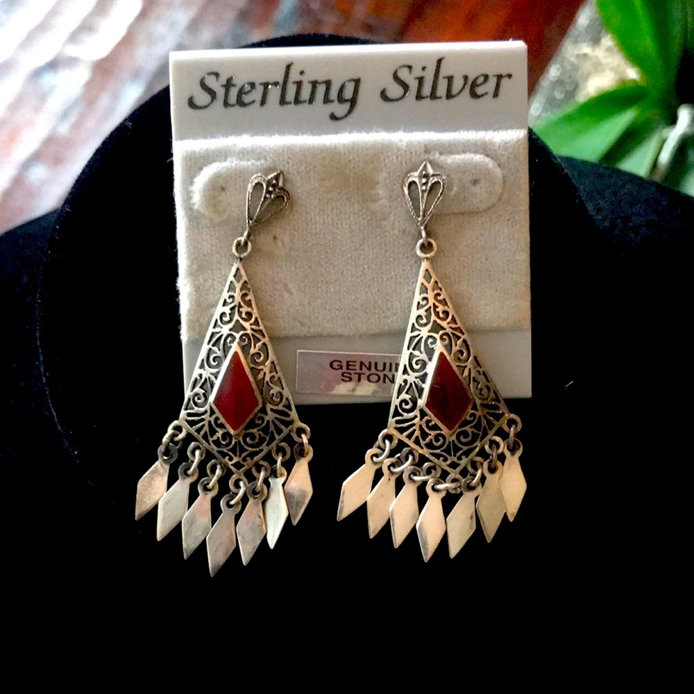 Genuine Stone Sterling Silver Dangle Earrings